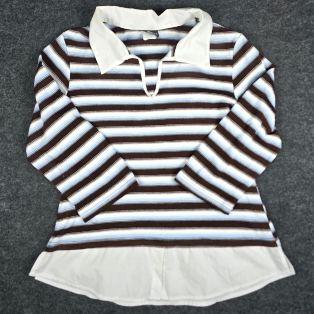Vtg Anxiety Cafe Brown Blue Striped Long Sleeve Polo Shirt White Collar Size M